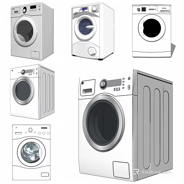 Different Styles Of Washing Machines With Modern Designs And Control Panels 3d model 