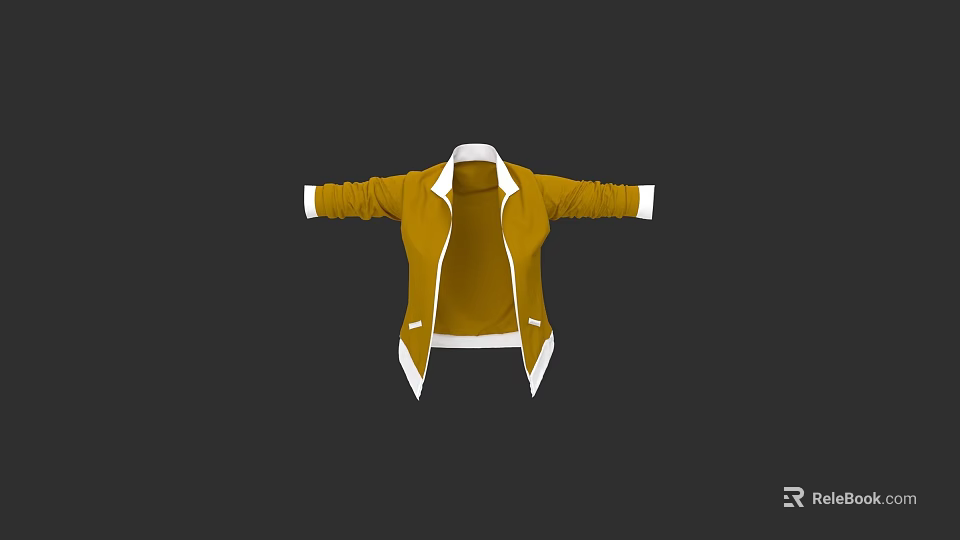 Stylish Yellow Jacket With White Collar And Cuffs Open Front Design 3d model 