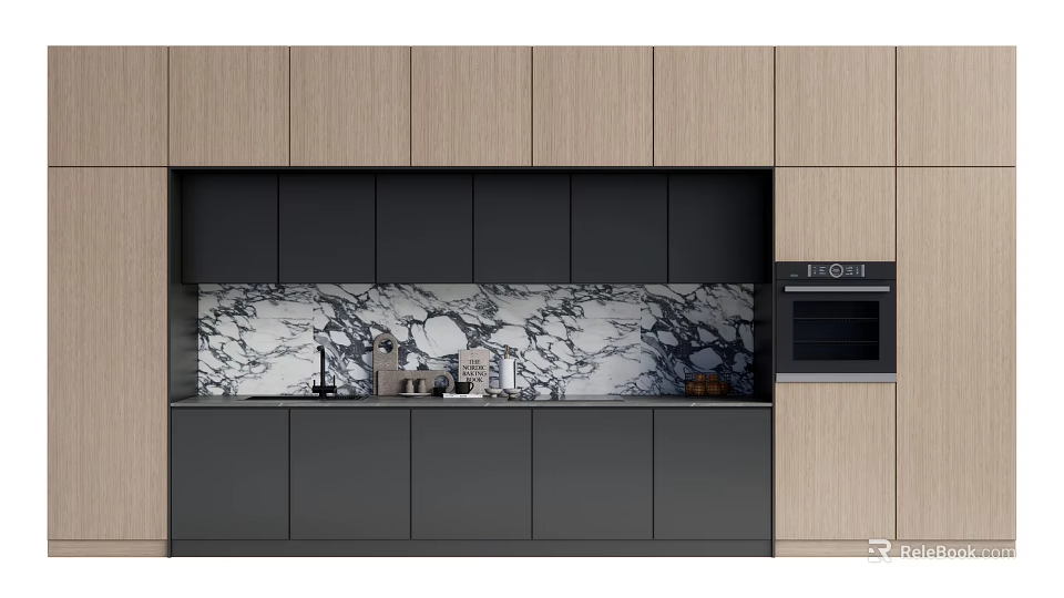 Wooden And Black Kitchen Cabinets With Marble Backsplash For Modern Interior 3d model 