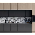 Wooden And Black Kitchen Cabinets With Marble Backsplash For Modern Interior