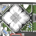 Modern Commercial Complex Featuring Unique Roof Structure Green Spaces And Water Elements