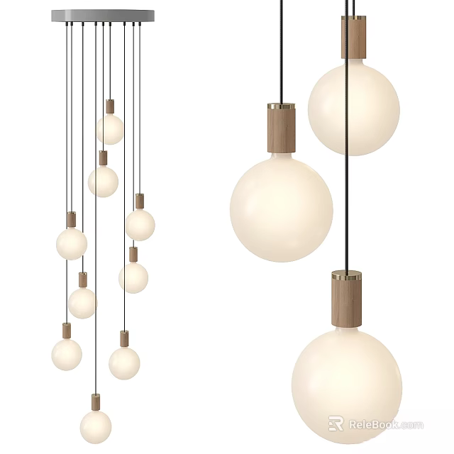Modern Minimalist Multiple Spherical Pendant Lights With Wooden Accents And White Shades 3d model 