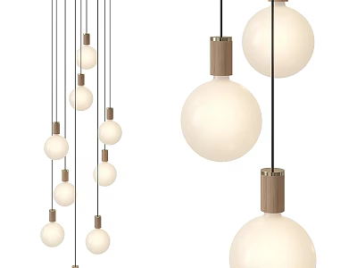 Modern Minimalist Multiple Spherical Pendant Lights With Wooden Accents And White Shades 3d model