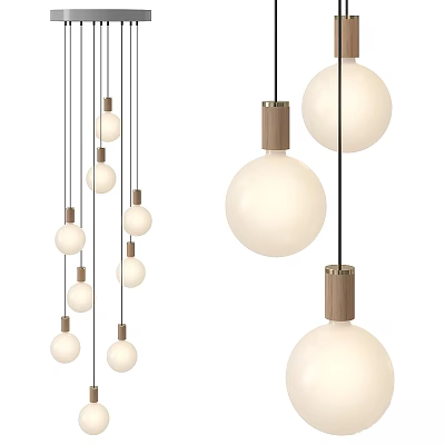 Modern Minimalist Multiple Spherical Pendant Lights With Wooden Accents And White Shades 3d model