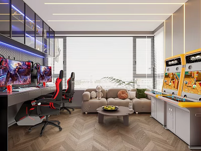 Modern Gaming Room Interior With Arcade Machines Comfortable Sofa Multiple Monitors And Herringbone Floor 3d model