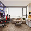 Modern Gaming Room Interior With Arcade Machines Comfortable Sofa Multiple Monitors And Herringbone Floor 3d model