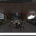 Modern Restaurant Interior With Wooden Ceiling Pendant Lights Round Tables Chairs And Green Plants