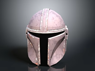 Pink And Silver Textured Scifi Helmet With Black Visor And Armored Sides 3d model