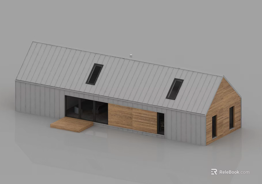 Modern Wooden House With Metal Roof Skylights Large Glass Door And Wooden Steps 3d model 