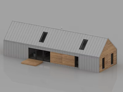 Modern Wooden House With Metal Roof Skylights Large Glass Door And Wooden Steps 3d model