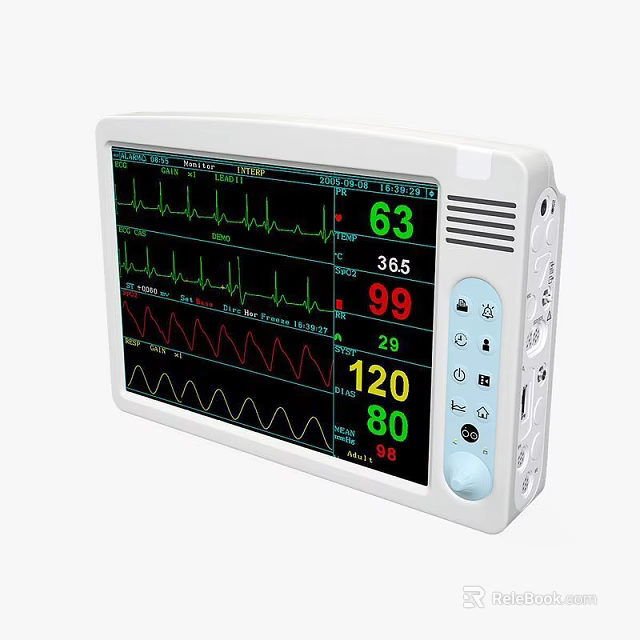 Medical Monitor Device with Display Screen Showing Vital Signs Waveforms and Readings 3d model 