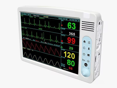 Medical Monitor Device with Display Screen Showing Vital Signs Waveforms and Readings 3d model