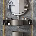 Modern Bathroom Sink Design With Round Mirror Marble Wall Shelves And Toiletries
