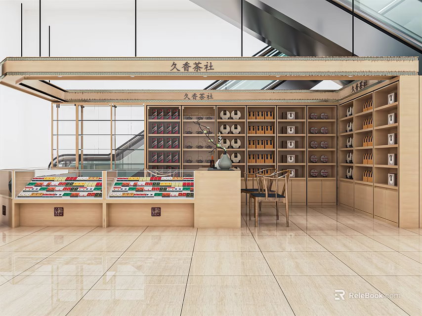 Modern Tea Specialty Store With Display Shelves And Assorted Tea Products 3d model 