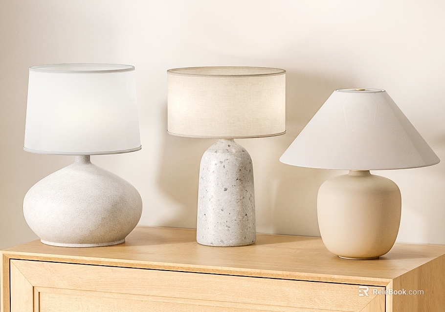 Three Modern Ceramic Table Lamps with White Lampshades on Light Wood Cabinet 3d model 