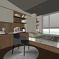 Modern Tatami Bedroom Interior With Desk Chair Bookshelf Window Blinds Cozy Bedding And Wooden Elements