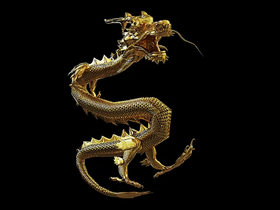 Golden Mythical Dragon Sculpture With Intricate Scales On Black Background 3d model