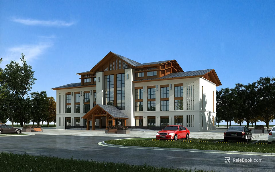 Modern Office Building With Wooden Roof Accents Large Windows Covered Entrance And Parking Area 3d model 