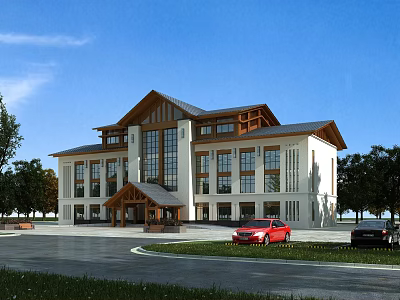 Modern Office Building With Wooden Roof Accents Large Windows Covered Entrance And Parking Area 3d model