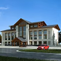 Modern Office Building With Wooden Roof Accents Large Windows Covered Entrance And Parking Area