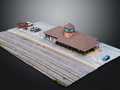 Cartoon Scene of Train Station Platform with Railway Tracks Clock Tower and Vehicles 3d model