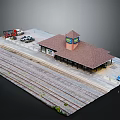 Cartoon Scene of Train Station Platform with Railway Tracks Clock Tower and Vehicles