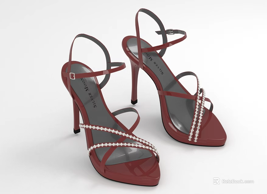 Red Patent Leather High Heel Sandals With Pearl Straps And Stiletto Heels 3d model 