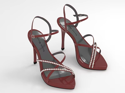 Red Patent Leather High Heel Sandals With Pearl Straps And Stiletto Heels 3d model