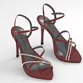 Red Patent Leather High Heel Sandals With Pearl Straps And Stiletto Heels