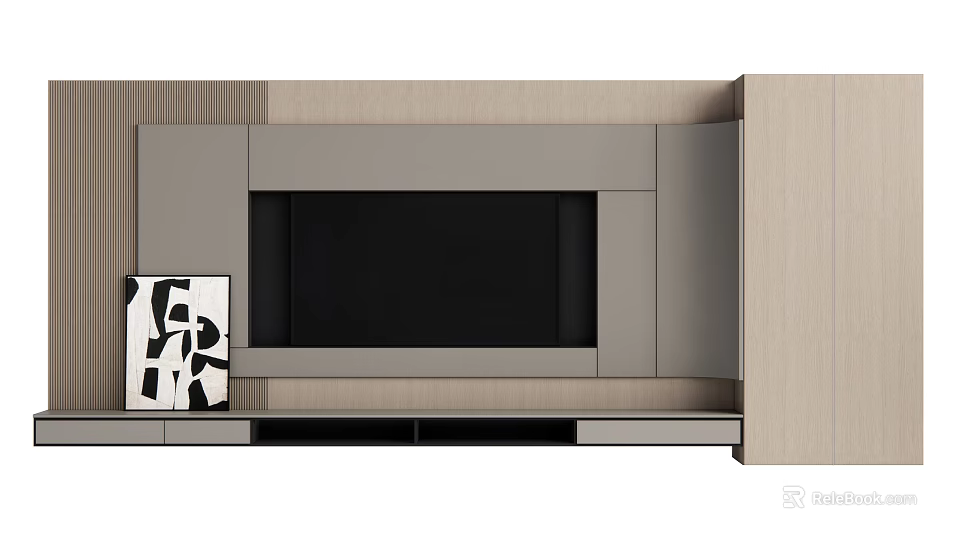 Modern TV Background Wall With Built in TV Gray Beige Panels And Decorative Painting 3d model 