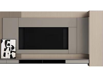 Modern TV Background Wall With Built in TV Gray Beige Panels And Decorative Painting 3d model