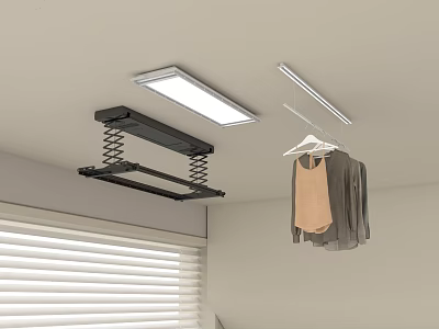 Ceiling Mounted Retractable Clothes Hanger With Hanging Garments And Ceiling Light In Room With Window Blinds 3d model