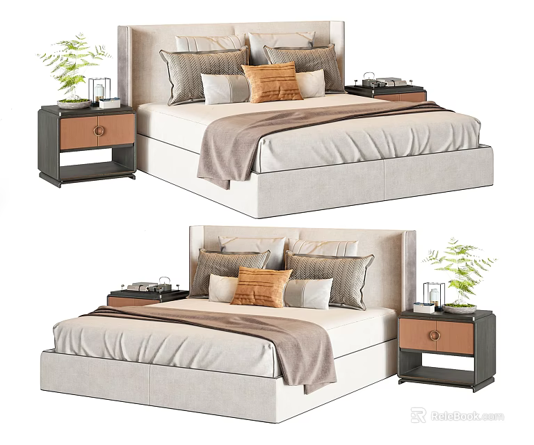 Modern Double Bed Interior With Multiple Pillows Blanket and Bedside Tables With Plant 3d model