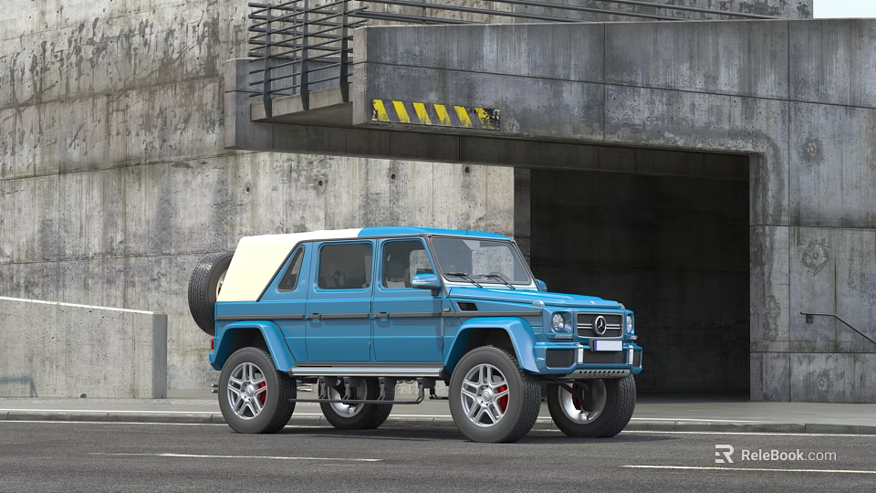 Blue Off Road Vehicle with White Roof Large Wheels in Front of Concrete Tunnel Entrance 3d model 