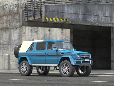 Blue Off Road Vehicle with White Roof Large Wheels in Front of Concrete Tunnel Entrance 3d model