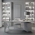 Elegant Modern Study Room Interior With Bookshelves Desk Chair And Artwork