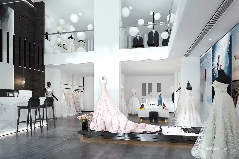 Elegant Modern Bridal Shop Interior Featuring White Wedding Gowns Long Trains And Display Mannequins 3d model 