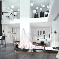 Elegant Modern Bridal Shop Interior Featuring White Wedding Gowns Long Trains And Display Mannequins