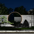 Modern Landscape Wall With Circular Metal Frame Stone Texture Green Trees And White Sculpture