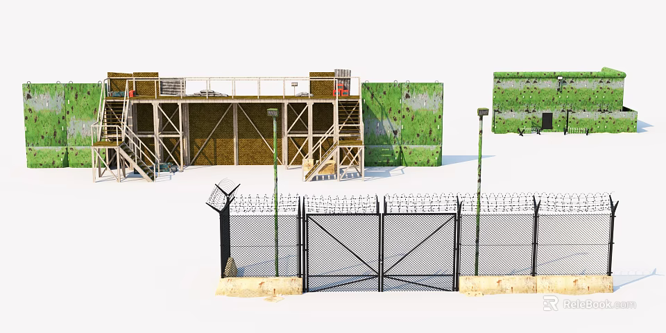 Road Infrastructure with Barbed Wire Fence Gate and Street Lamps at Construction Site 3d model 