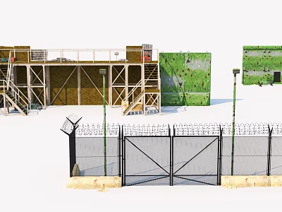 Road Infrastructure with Barbed Wire Fence Gate and Street Lamps at Construction Site 3d model