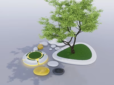 Modern Tree Pit With Green Grass Tree And Colored Circular Decorative Stones Around 3d model