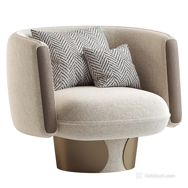 Light Beige Fabric Single Seater Sofa with Rounded Arms and Geometric Patterned Pillows 3d model 