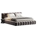 Modern Double Bed With Upholstered Headboard Plush Pillows And Round Tufted Frame 3d model