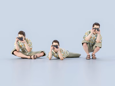 Men in Sitting Lying Down and Squatting Poses Taking Photos with Cameras 3d model