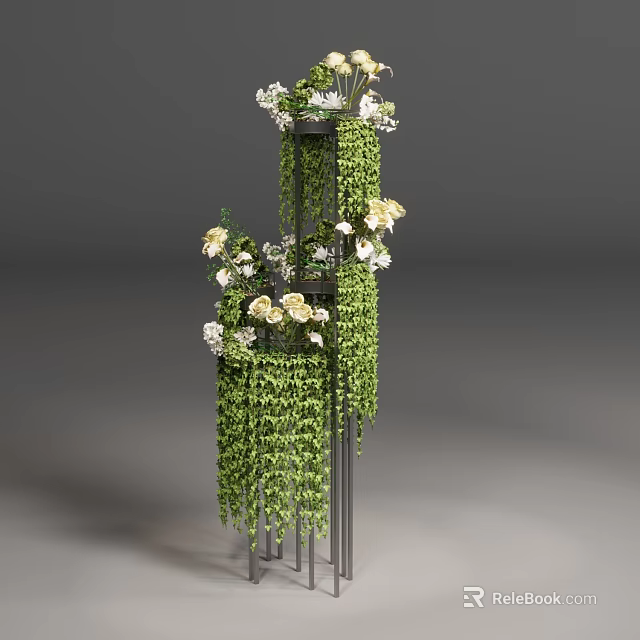 Decorative Bonsai Potted Plant With Green Vines And White Flowers On Metal Stand 3d model 