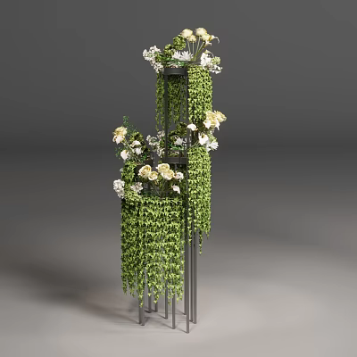 Decorative Bonsai Potted Plant With Green Vines And White Flowers On Metal Stand 3d model