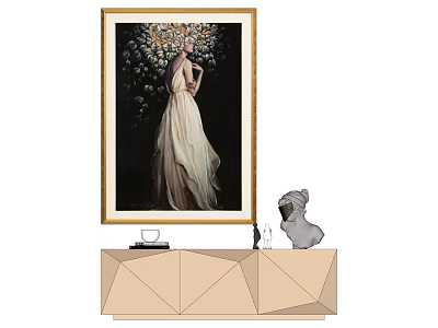 Elegant Female Portrait Painting With White Dress Floral Background Gold Frame In Modern Interior 3d model