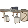 Modern Light Colored Desk with Golden Frame Black Chair Laptop and White Stools
