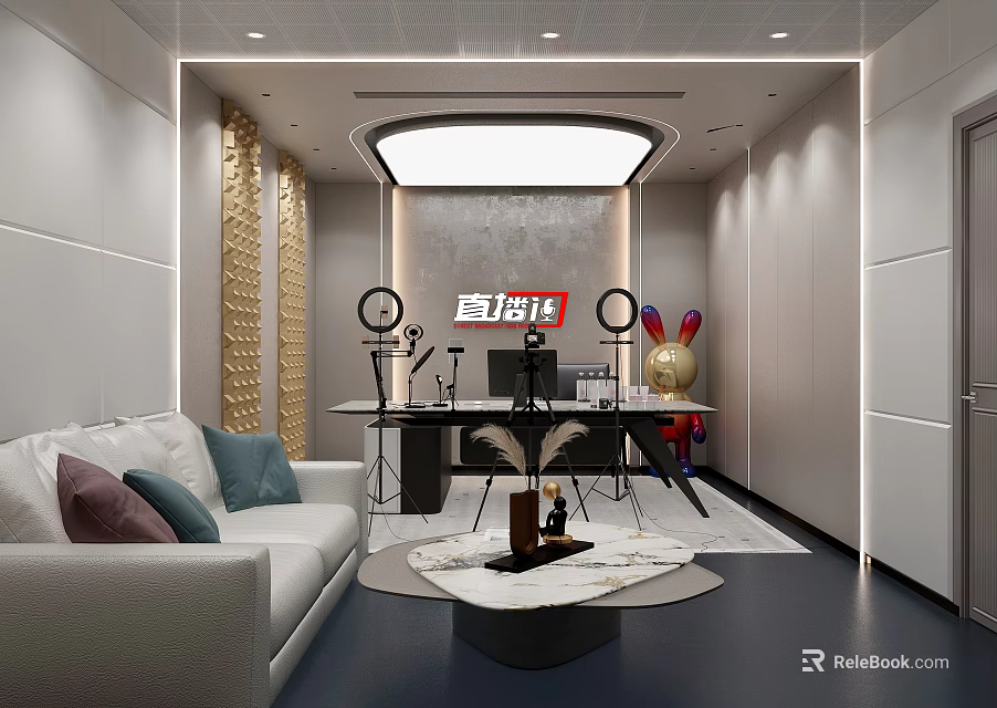 Modern Elegant Public Office Space With Sofa Round Coffee Table Work Desk And Lighting Fixture 3d model 